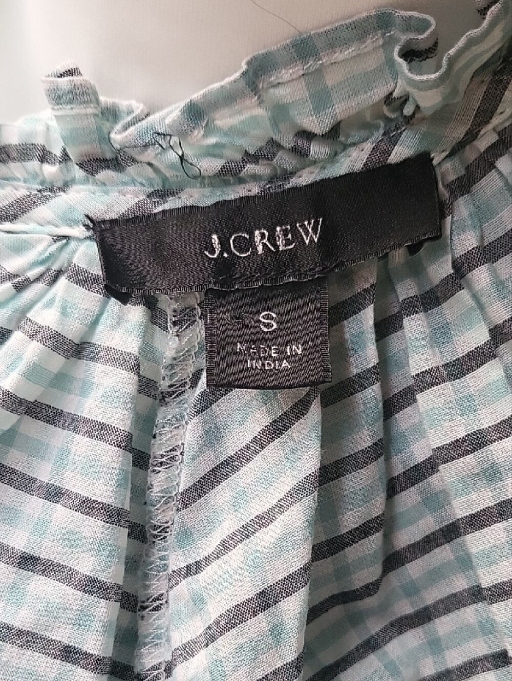 J.Crew Blue Plaid Smocked Neck Ruffle Blouse Size Small Cotton Long Sleeve Top - Picture 8 of 14